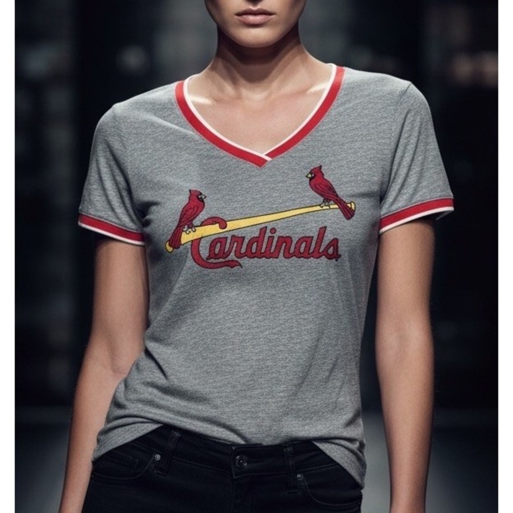 ❤ Womens L MLB ST LOUIS CARDINALS Baseball V-Neck T-shirt Gray 5th & Ocean